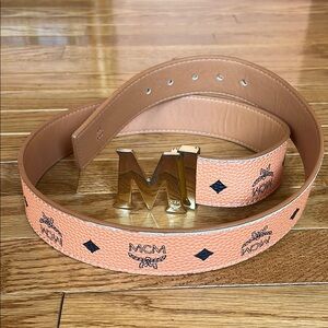 MCM Tan Leather Belt with Gold Buckle